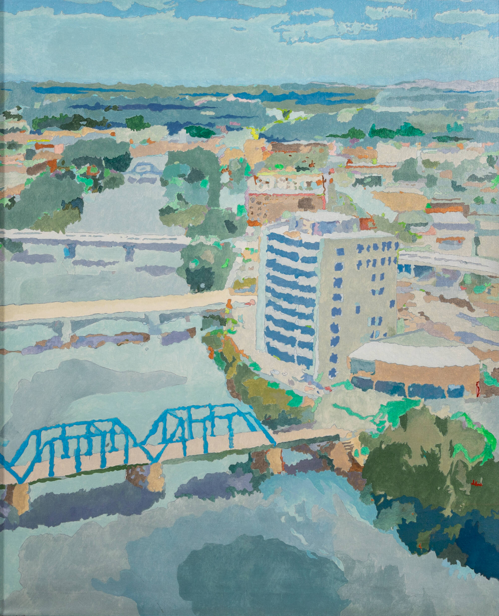 Colorful painting of an aerial cityscape of Grand Rapids and the GVSU City Campus along the Grand River.